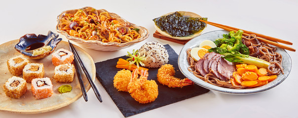 Panorama banner of traditional Japanese dishes