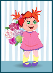 cartoon little girl with ginger hair wearing pink dress holding flowers
