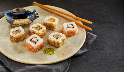 Healthy Japanese sushi with soy and wasabi