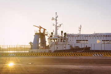 Large ship at Mediterranean Sea in Port Civitavecchia Italy sunset