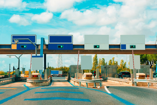 Toll booth with Blank traffic sign in road in Italy