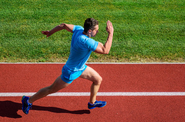 Fototapeta premium Man athlete run to achieve great result. Speed training guide. List ways to improve running speed. Athlete runner sporty shape in motion. Sport lifestyle and health concept. How run faster