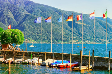 Boats at embankment in Ascona in Ticino in Switzerland CH