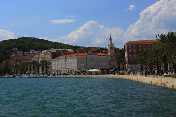 Split (Chorwacja) - widok na port nad Adriatykiem z bulwarem obsadzonym palmami. - obrazy, fototapety, plakaty
