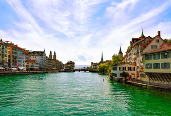 Limmat River quay with spires main churches of Zurich