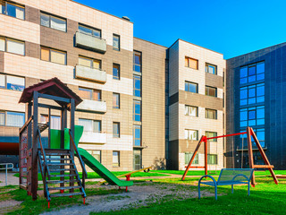 Fototapeta na wymiar New apartment residential buildings children playground Vilnius Lithuania in Europe
