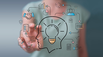Businesswoman using thin line icon project plan presentation