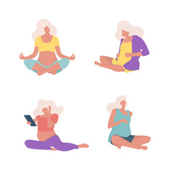 Vector illustration. Set of Pregnant Woman character sitting in a modern flat style.
