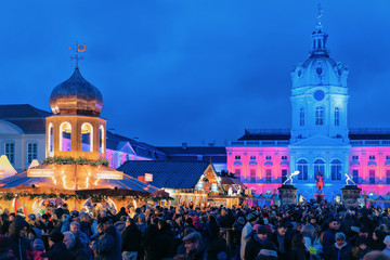 Night Christmas Market at Charlottenburg Palace in Winter Berlin Germany - obrazy, fototapety, plakaty