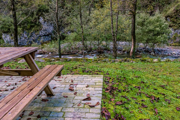 picnic table and bench in autumn
