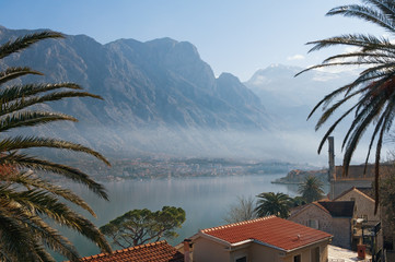 Winter Meditarranean landscape .  Montenegro, view of Bay of Kotor ( Adriatic Sea ) and Prcanj town