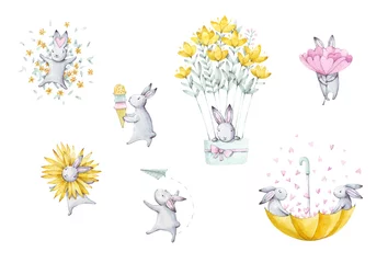 Rolgordijnen Schattige konijntjes Set van schattige cartoon aquarel konijntje