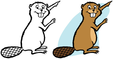 A cartoon beaver pointing at something interesting.