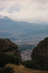 Breathtaking Meteora rocks and view to city of Kalabaka, Greece