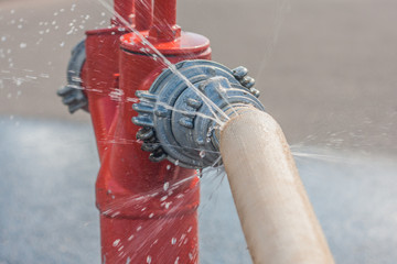 Damaged fire hose from a fire hydrant - water spray