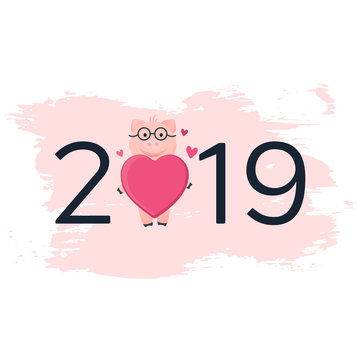 Vector Illustration. 2019 card with pig on hand draw splodge of paint. Cartoon pink piglet with heart in glasses. 2019 year