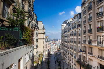 The steep pedestrian streets of the famous Montmartre neighborhood in Paris