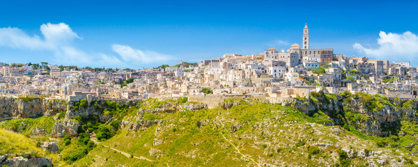 Panoramic view of ancient town of Matera, Sassi di Matera, Basilicata, southern Italy - obrazy, fototapety, plakaty