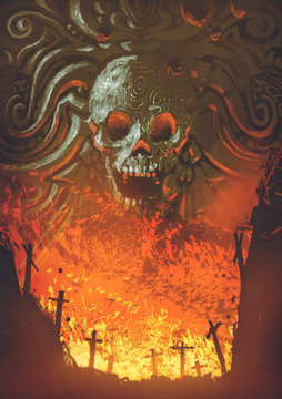 burning graveyard in the skull cave, digital art style, illustration painting