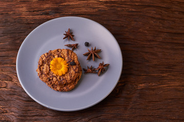 cookies and spring blue flowers Healthy morning breakfast concept. Minimalist. selective focus