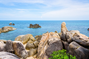 Hin Ta Hin Yai is a symbol famous tourist destinations, Beautiful rock coastline near the blue sea under the summer sky at Lamai beach of Koh Samui island, Surat Thani province, Thailand