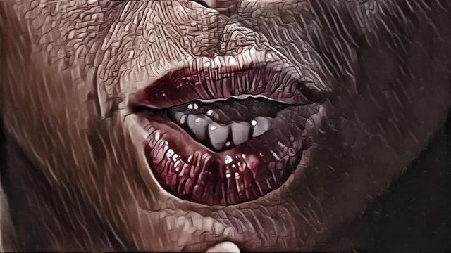 woman's beautiful full red lips opening her mouth and pouting with overlayed paint style effect