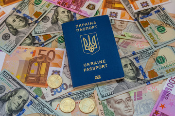 Ukrainian passport and banknotes.