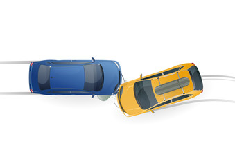 Car accident. Car crash top view isolated on white background. Situation on a road. Vector Illustration.
