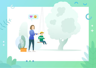 Mother and little boy playing in pretty garden color vector illustration, son ride on swing, woman holding smartphone, icons of heart and love smile. Conceptual Web template.