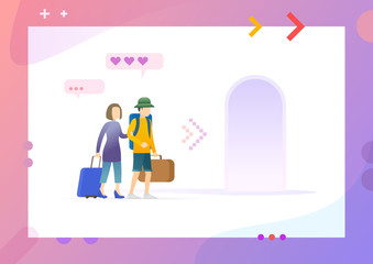 Man and woman holding by hands and going with big suitcases to abstract exit, icons of messages with dots and heart likes, color vector illustration. Conceptual Web template.