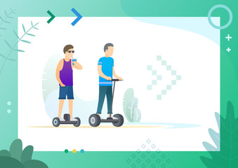 Men resting outdoors and riding on electronic skateboard with two wheels, vector illustration in frame. Conceptual Web template.