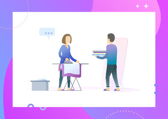 Domestic worker. Woman ironing clothes on an ironing board. Husband helps with domestic work to the wife.  Conceptual Modern and Trendy colorful vector illustration for landing page. Web template.