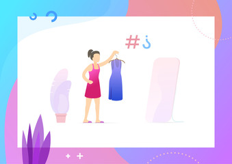 Young woman is standing in the wardrobe and trying on the dresses. Girl try clothing. Important issue. Conceptual Modern and Trendy colorful illustration for landing page. Web template.