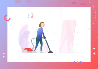Cleaning process in abstract room, mirror and cupboard near small domestic tree, woman with vacuum cleaner looking into show glass vector illustration. Conceptual Web template.