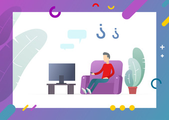 Abstract flat with decorative tree, modern furniture, TV set on table and lilac sofa, man resting in home and watching television vector illustration. Conceptual Web template.