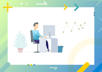 Bright office with comfortable workplace and decorative tree, man sitting by table and using pc, chair and trash bin, employer at work on tablet screen. Conceptual Web template.