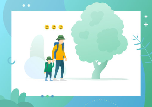 Family with backpacks. Dad and son went on a hike. Conceptual Modern and Trendy colorful vector illustration for landing page. Web template.