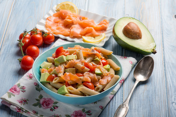 cold pasta with smoked salmo avocados and tomatoes