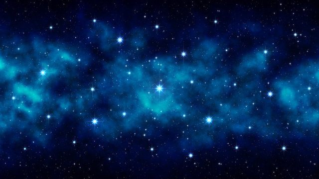 Night starry sky, blue space background with bright big stars, nebula