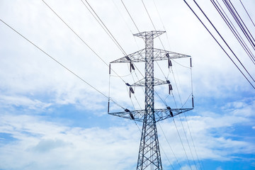 High voltage electricity pole with clear blue sky landscape