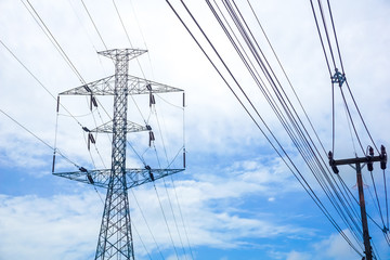 High voltage electricity pole with clear blue sky landscape