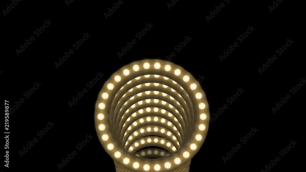 Poster tunnel incandescent light bulb box frame circle shape moving pattern, retro 3d virtual style illustr
