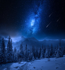 Naklejka premium Góry Tatry zimą w nocy ze spadającymi gwiazdami, Polska