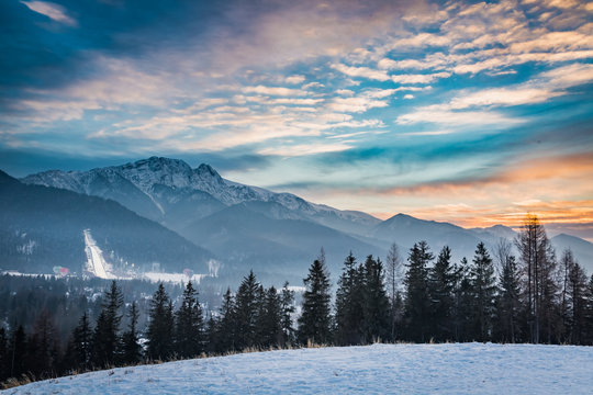 Winter skiing competitions in Zakopane at sunset, Poland