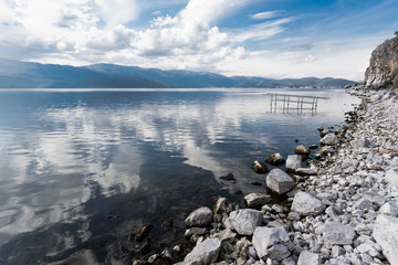 View of the shore of the Megali (Big) Prespa Lake in northern Greece