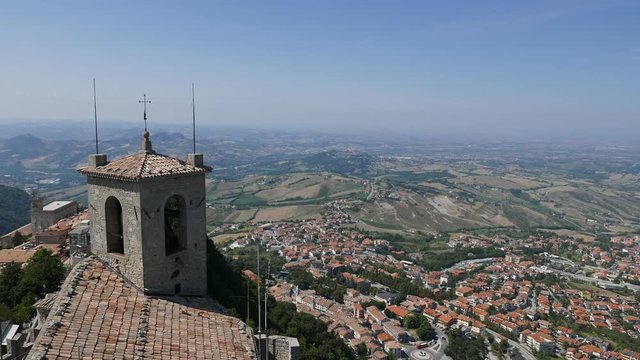 Panoramic view of San Marino seen from first tower known as Guaita in a summer day