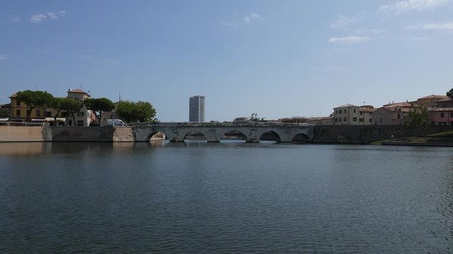 Panoramic view of the Tiberius Bridge (Tiberius Bridge) in Rimini, Italy
