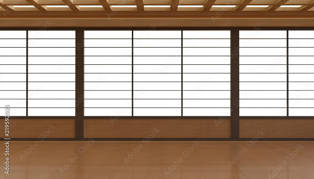 Poster japanese display room front view and wooden flooring minimal space on light white background / 3d re