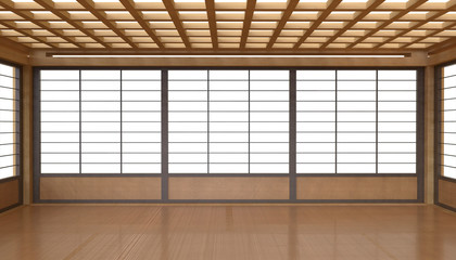 Japanese display Room and wooden flooring Space on light White background / 3D Render 
