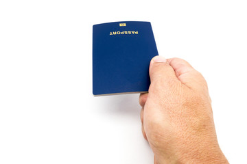 Passport in hand isolated on white background.